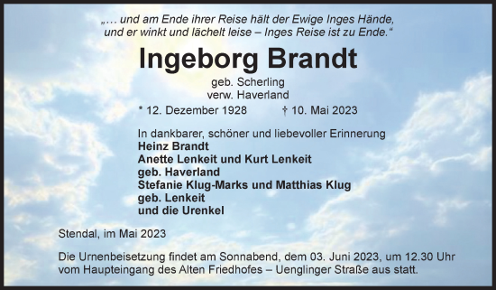 Traueranzeige von Ingeborg Brandt von Volksstimme Altmark Ost