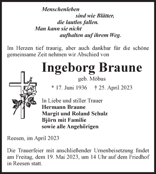 Traueranzeige von Ingeborg Braune von Volksstimme Burg/Genthin