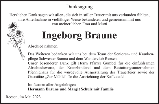 Traueranzeige von Ingeborg Braune von Volksstimme Burg/Genthin