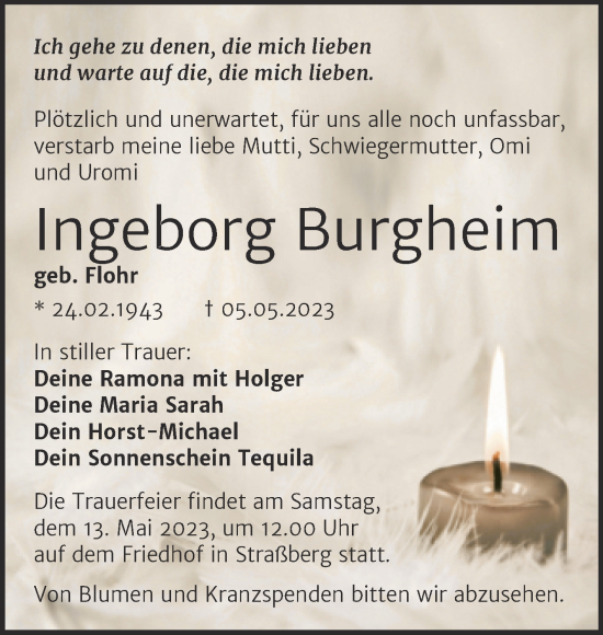 Traueranzeige von Ingeborg Burgheim von Mitteldeutsche Zeitung Quedlingburg