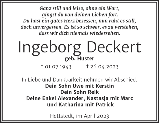 Traueranzeige von Ingeborg Deckert von Trauerkombi Mansfelder Land