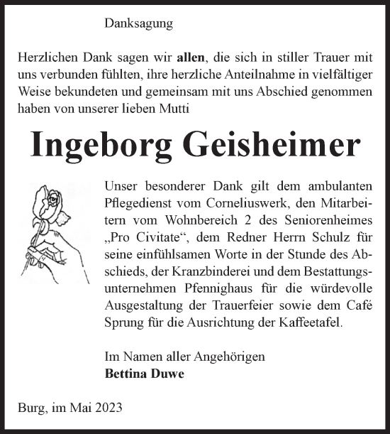 Traueranzeige von Ingeborg Geisheimer von Volksstimme Burg/Genthin