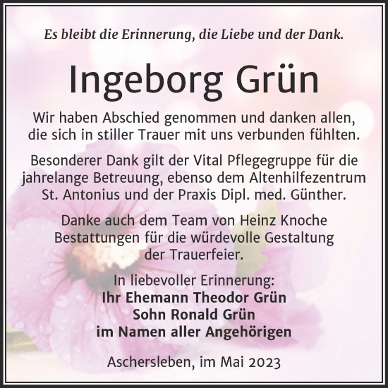 Traueranzeige von Ingeborg Grün von Trauerkombi Aschersleben