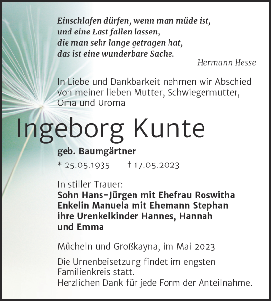 Traueranzeige von Ingeborg Kunte von Trauerkombi Merseburg