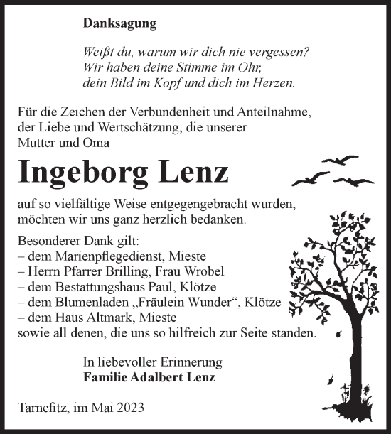 Traueranzeige von Ingeborg Lenz von Volksstimme Altmark West