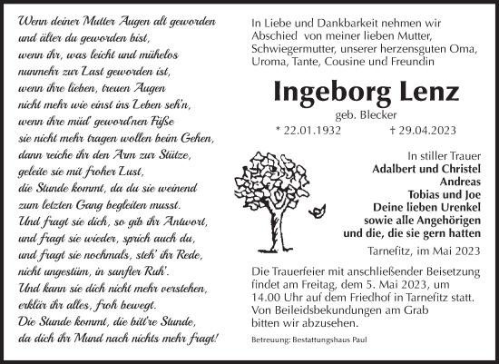 Traueranzeige von Ingeborg Lenz von Volksstimme Altmark West