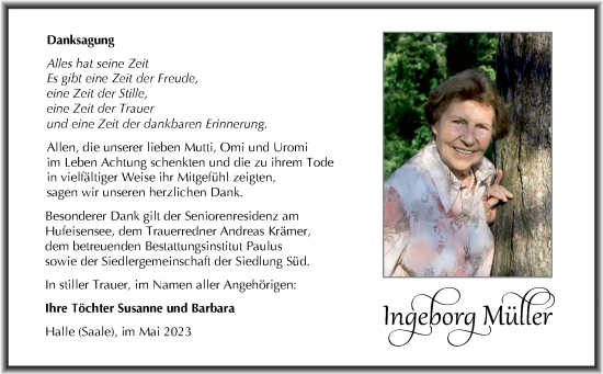 Traueranzeige von Ingeborg Müller von Mitteldeutsche Zeitung Halle/Saalkreis