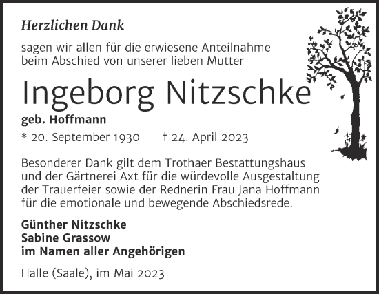 Traueranzeige von Ingeborg Nitzschke von Mitteldeutsche Zeitung Halle/Saalkreis