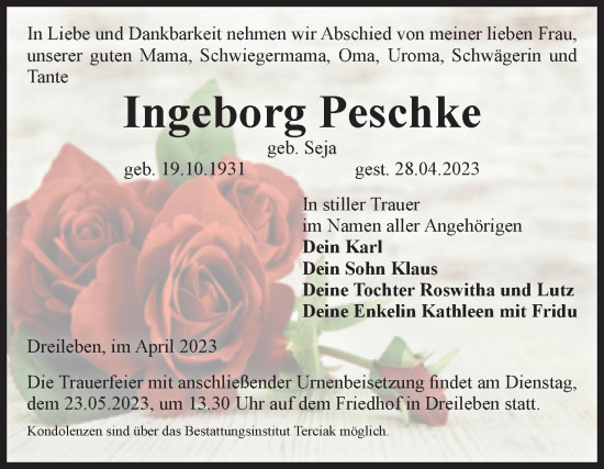 Traueranzeige von Ingeborg Peschke von Volksstimme Oschersleben/Wanzleben