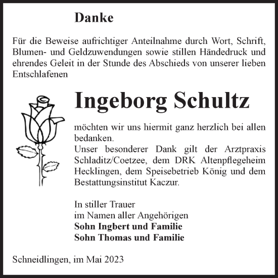 Traueranzeige von Ingeborg Schultz von Volksstimme Staßfurt