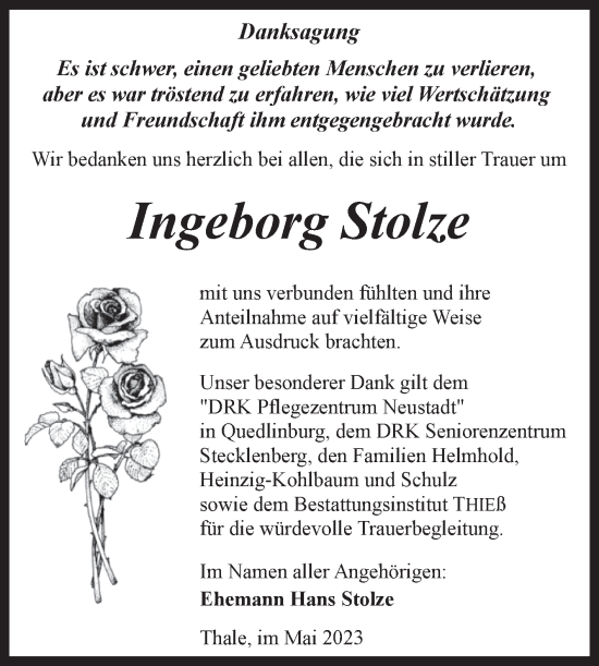 Traueranzeige von Ingeborg Stolze von Trauerkombi Quedlinburg