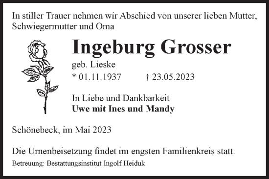 Traueranzeige von Ingeburg Grosser von Volksstimme Schönebeck