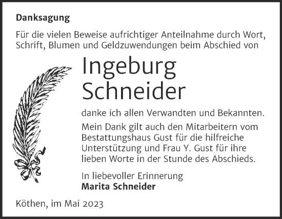 Traueranzeige von Ingeburg Schneider von Trauerkombi Köthen