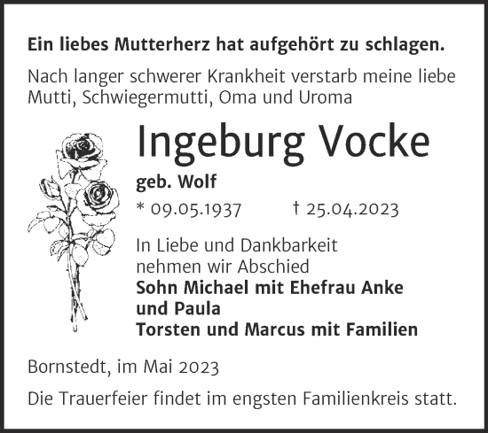 Traueranzeige von Ingeburg Vocke von Trauerkombi Mansfelder Land