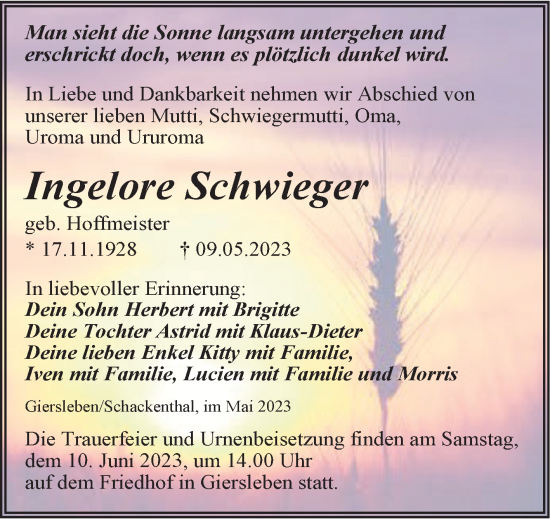 Traueranzeige von Ingelore Schwieger von Trauerkombi Aschersleben