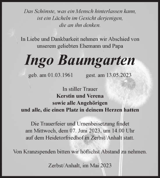 Traueranzeige von Ingo Baumgarten von Volksstimme Zerbst