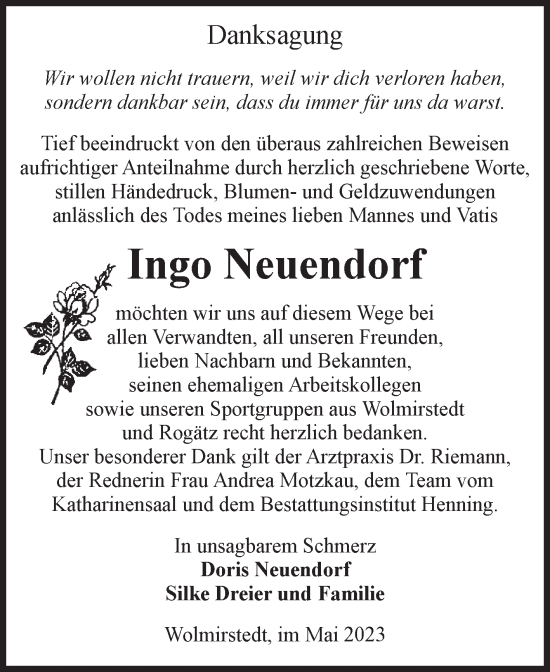 Traueranzeige von Ingo Neuendorf von Volksstimme Haldensleben/Wolmirstedt