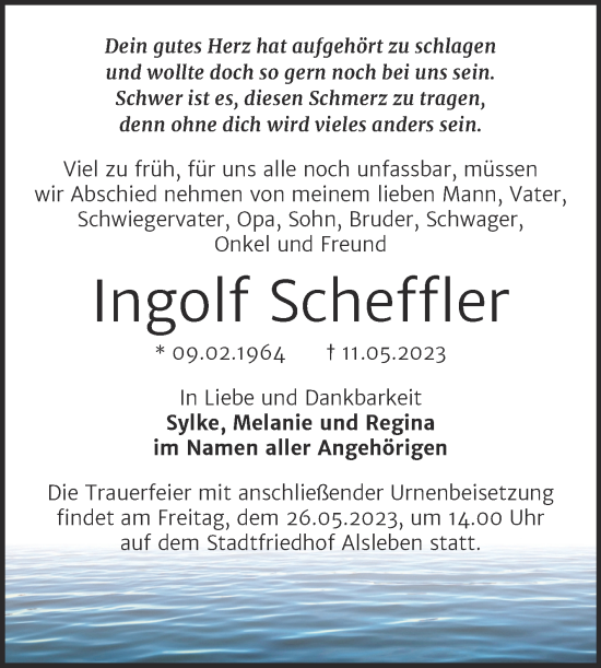 Traueranzeige von Ingolf Scheffler von Trauerkombi Bernburg