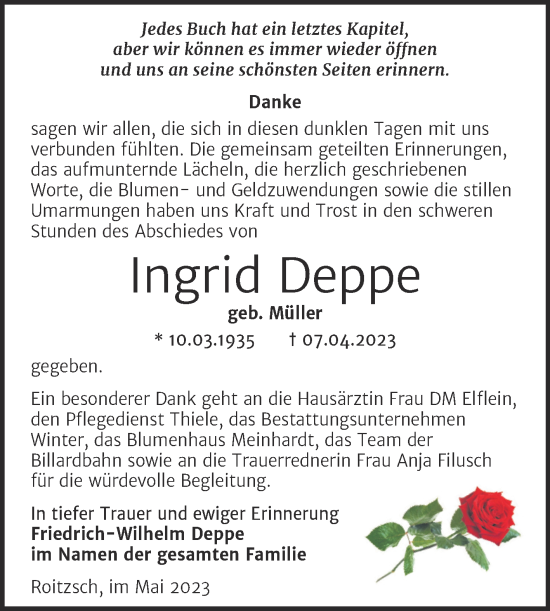 Traueranzeige von Ingrid Deppe von Trauerkombi Bitterfeld