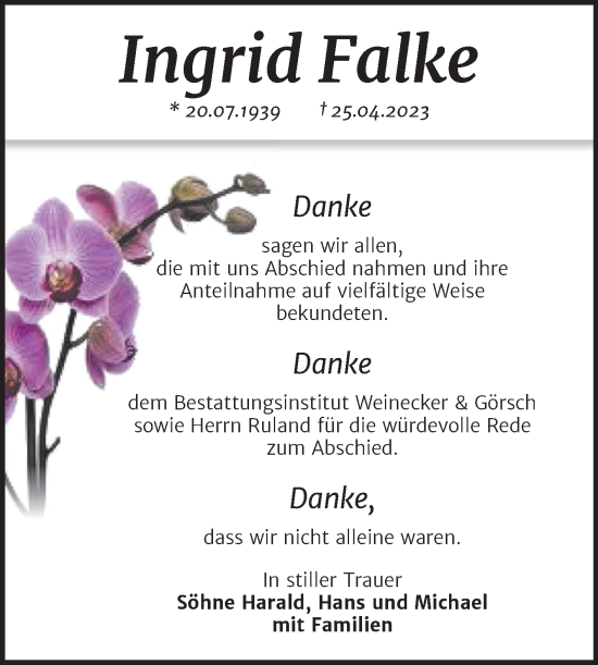 Traueranzeige von Ingrid Falke von Trauerkombi Bernburg