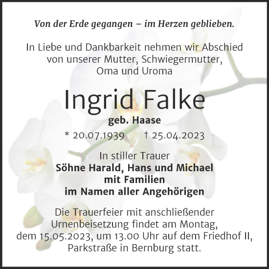 Traueranzeige von Ingrid Falke von Trauerkombi Bernburg