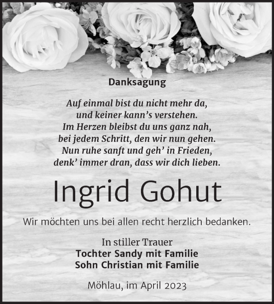 Traueranzeige von Ingrid Gohut von Trauerkombi Wittenberg