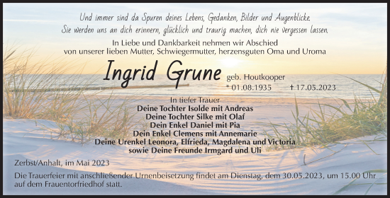 Traueranzeige von Ingrid Grune von Volksstimme Zerbst