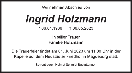 Traueranzeige von Ingrid Holzmann von Volksstimme Magdeburg