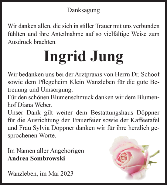 Traueranzeige von Ingrid Jung von Volksstimme Oschersleben/Wanzleben