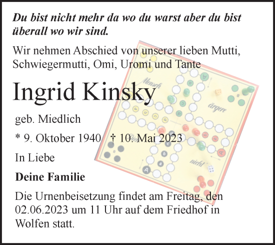 Traueranzeige von Ingrid Kinsky von Trauerkombi Bitterfeld