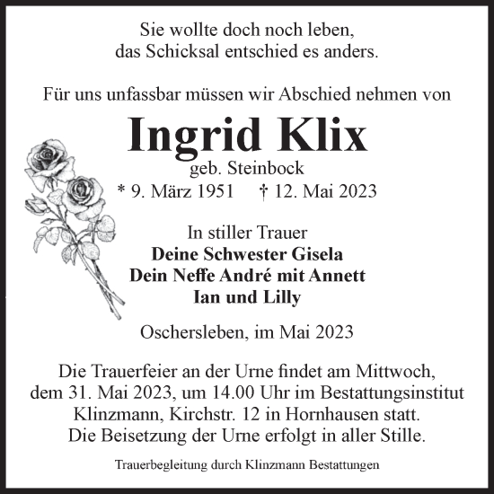 Traueranzeige von Ingrid Klix von Volksstimme Oschersleben/Wanzleben