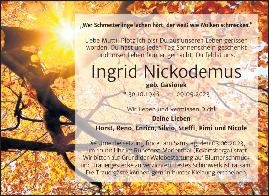 Traueranzeige von Ingrid Nickodemus von Mitteldeutsche Zeitung
