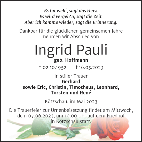 Traueranzeige von Ingrid Pauli von Trauerkombi Merseburg