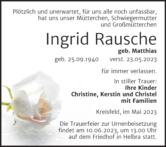 Traueranzeige von Ingrid Rausche von Trauerkombi Mansfelder Land
