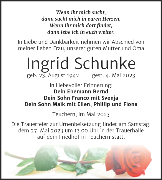 Traueranzeige von Ingrid Schunke von Trauerkombi Weißenfels