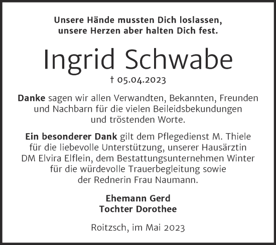 Traueranzeige von Ingrid Schwabe von Trauerkombi Bitterfeld