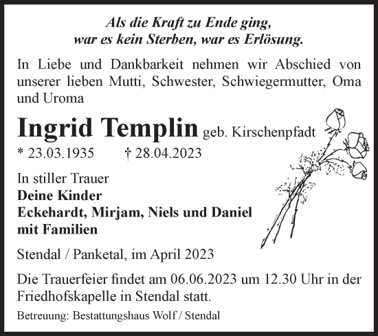 Traueranzeige von Ingrid Templin von Volksstimme Altmark Ost
