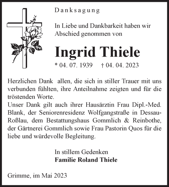 Traueranzeige von Ingrid Thiele von Volksstimme Zerbst