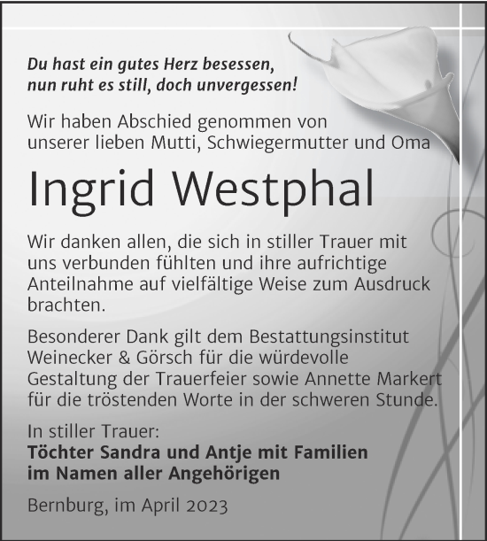 Traueranzeige von Ingrid Westphal von Trauerkombi Bernburg