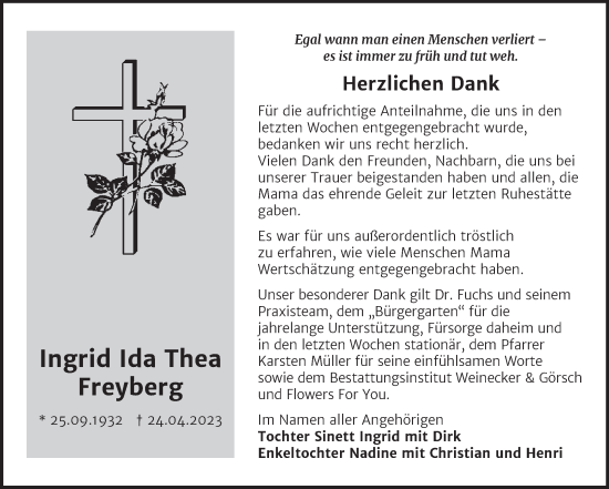 Traueranzeige von Ingrid Ida Thea Freyberg von Trauerkombi Bernburg