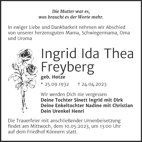 Traueranzeige von Ingrid Ida Thea Freyberg von Trauerkombi Bernburg