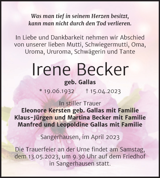 Traueranzeige von Irene Becker von Trauerkombi Sangerhausen