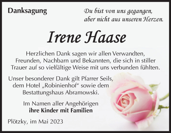 Traueranzeige von Irene Haase von Volksstimme Schönebeck