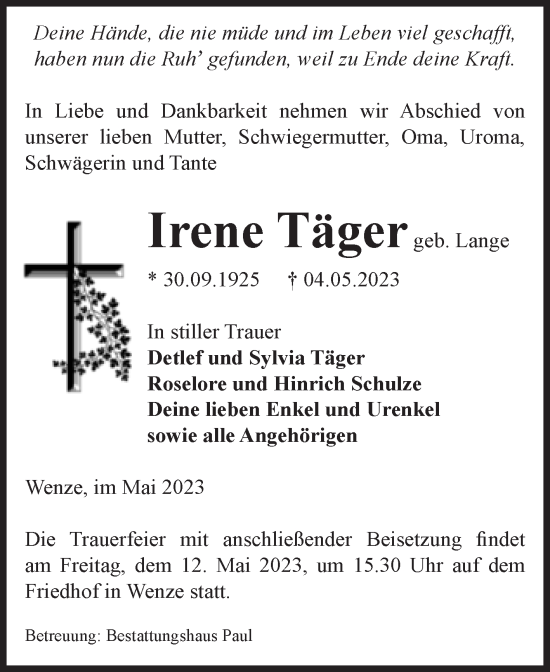 Traueranzeige von Irene Täger von Volksstimme Altmark West