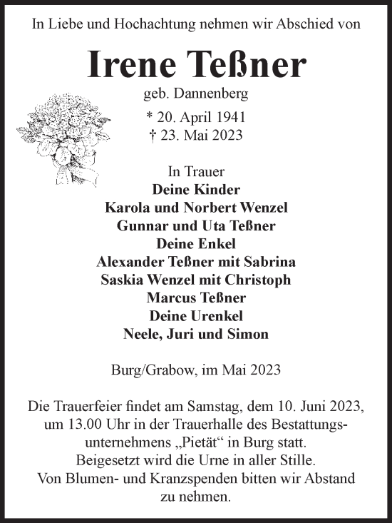 Traueranzeige von Irene Teßner von Volksstimme Burg/Genthin
