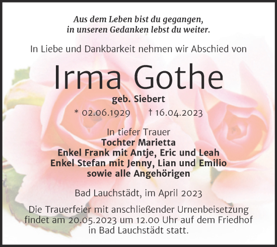 Traueranzeige von Irma Gothe von Trauerkombi Merseburg