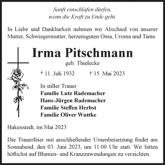Traueranzeige von Irma Pitschmann von Volksstimme Haldensleben/Wolmirstedt