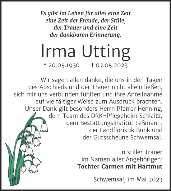 Traueranzeige von Irma Utting von Trauerkombi Bitterfeld