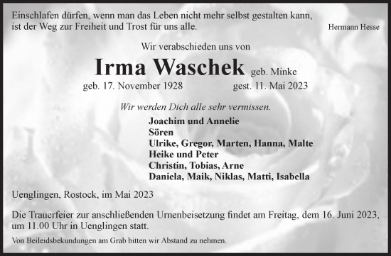Traueranzeige von Irma Waschek von Volksstimme Altmark Ost