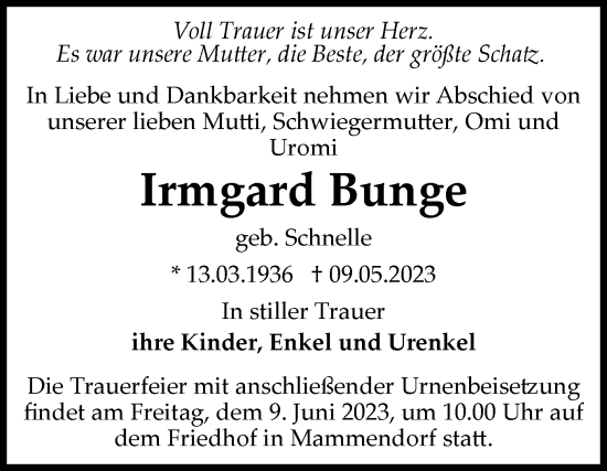 Traueranzeige von Irmgard Bunge von Volksstimme Haldensleben/Wolmirstedt